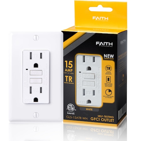Faith Self-Test 15A TR GFCI Outlet Receptacle with Wall Plate, White GLS-15ATR-WH